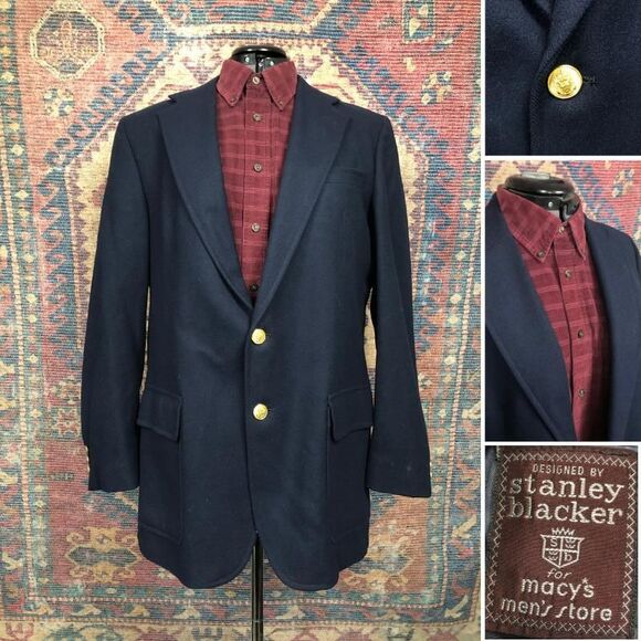 VTG Stanley Blacker Blazer Mens 42R Blue Gold Wool Tweed Sport Coat Suit Jacket - Picture 1 of 16